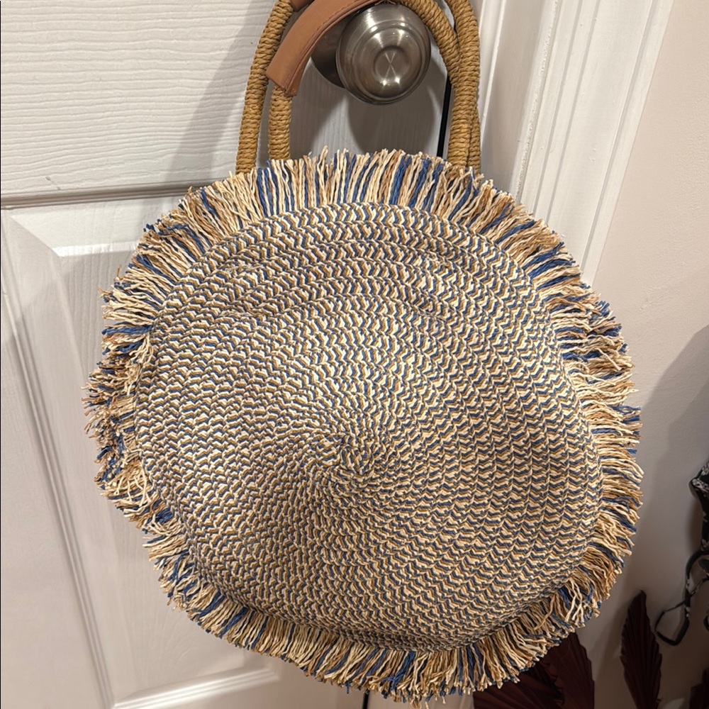 Woven Fringe Tote Bag - Blue and Tan